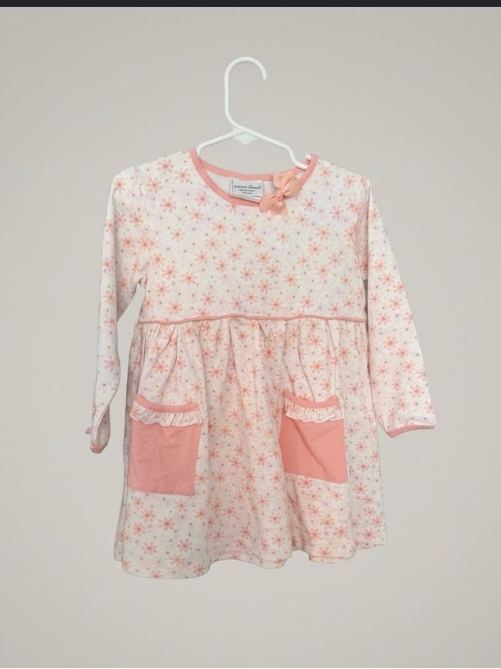 Girls' Pink Floral Long-Sleeve Pocket Dress with Bow